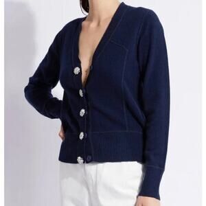 Ganni Crystal Embellished Navy Blue Cashmere Cardigan Sweater Size Small